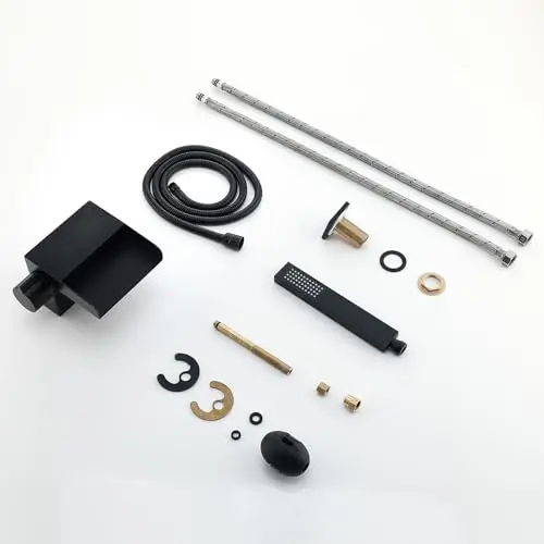 

Black Two-Hole Widespread Deck Mount Bathtub Faucet Set With Waterfall Spout And Handheld Shower