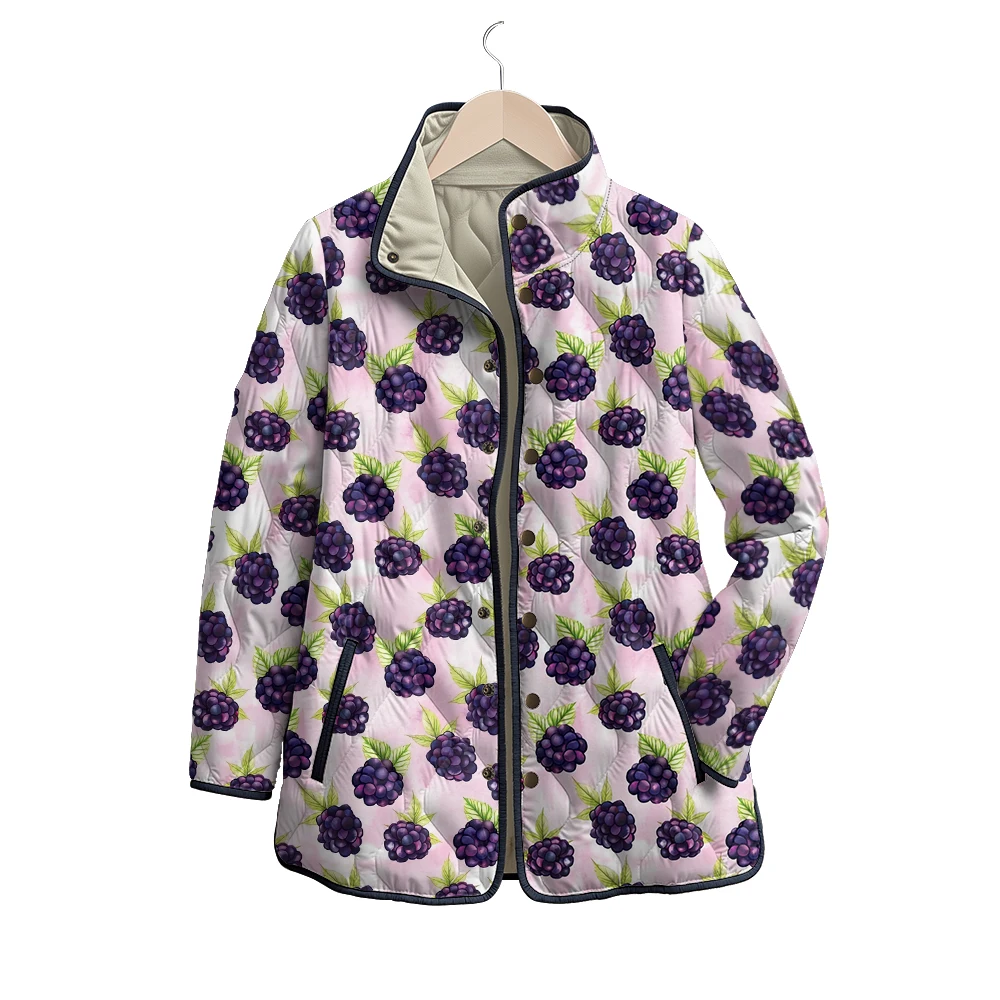 New Trendy Women Fleece Jacket with Fruit Blackberry Print Pink Base Black Trim Buttons Stylish Casual Outerwear Fashion Lovers