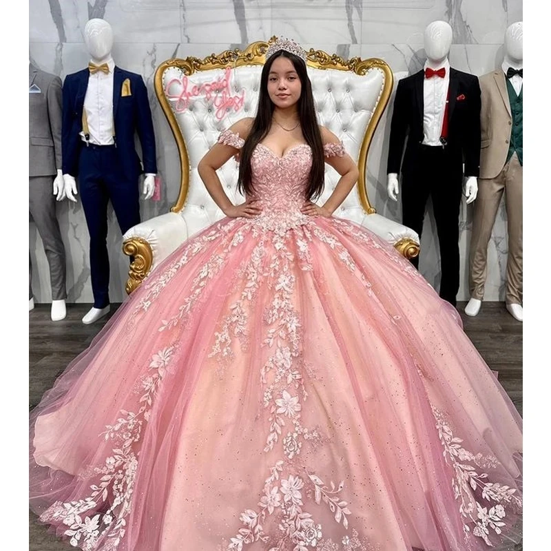 ANGELSBRIDEP-Vestidos De Quinceañera De tul con escote corazón rosa, Vestidos De 15 años con hombros descubiertos, apliques De flores 3D, Vestidos De princesa formales