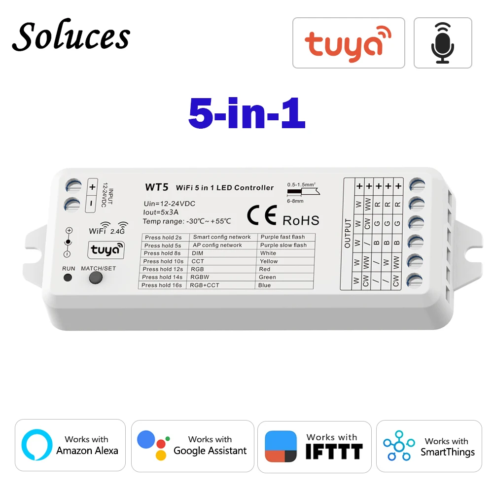 WT5 12 ~ 24V 3A Tuya Wifi + RF LED Strip Controller Dimmer 5-in-1 Mode per DIM CCT RGB RGBW RGBWC Remote APP Control regola