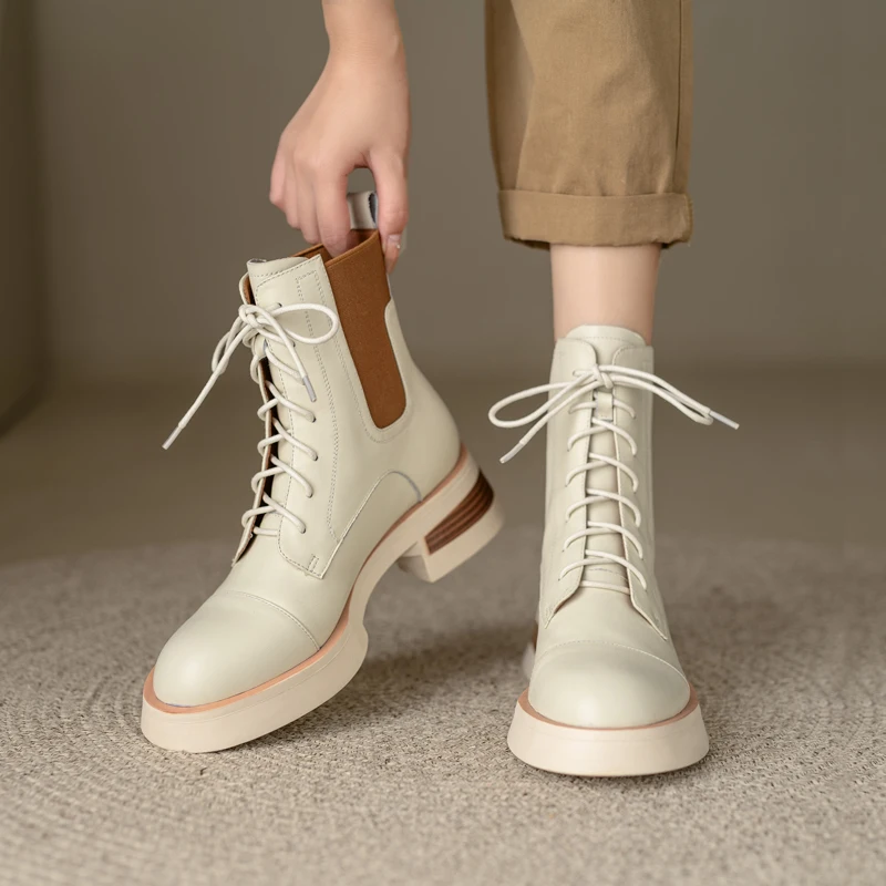 Size 34-39 Ankle Boots for Women Real Leather Thick Mid Heels Fall Winter Shoes Vintage Platform Short Booties Shoes for Women