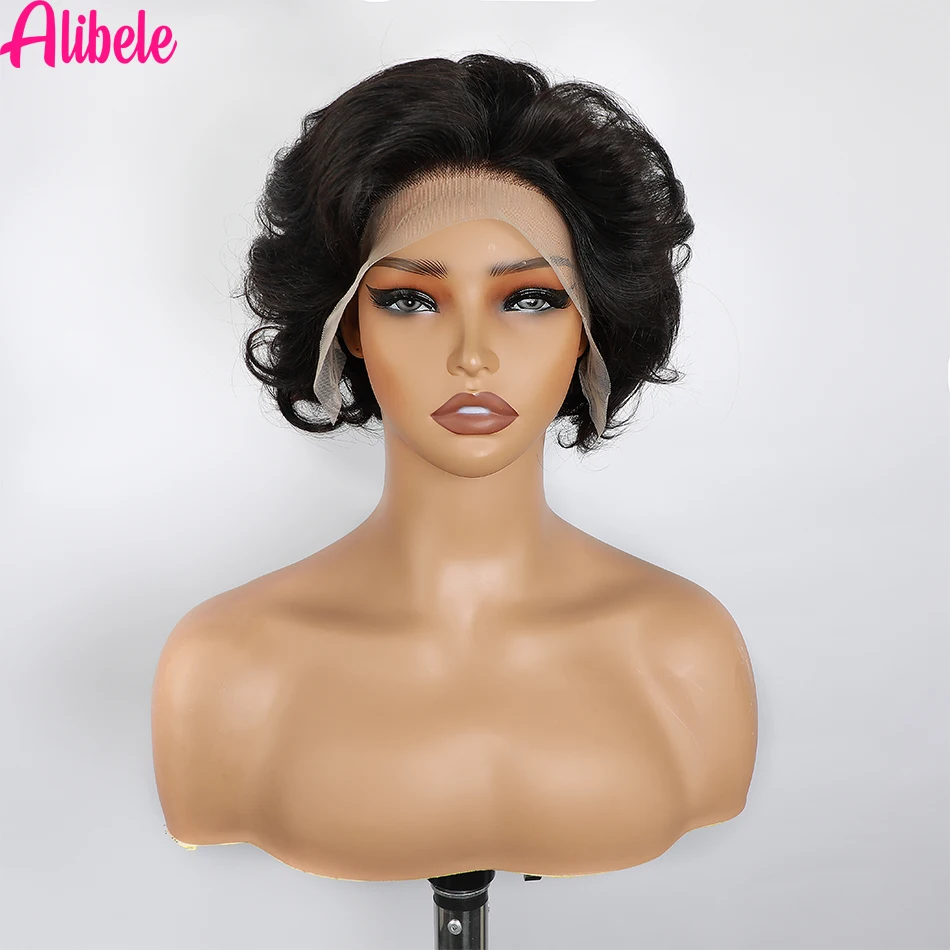 Alibele-Perruque Full Lace Front Wig Remy Naturelle, Cheveux Courts, 13 Tages, 6 Pouces, Balayage P4/27, Densité 180%