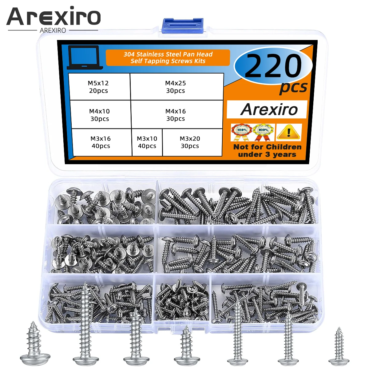 

220 шт. саморезы с крестообразной головкой, шурупы по дереву с шайбами, комплект самосверлящих крепежных болтов из нержавеющей стали 304