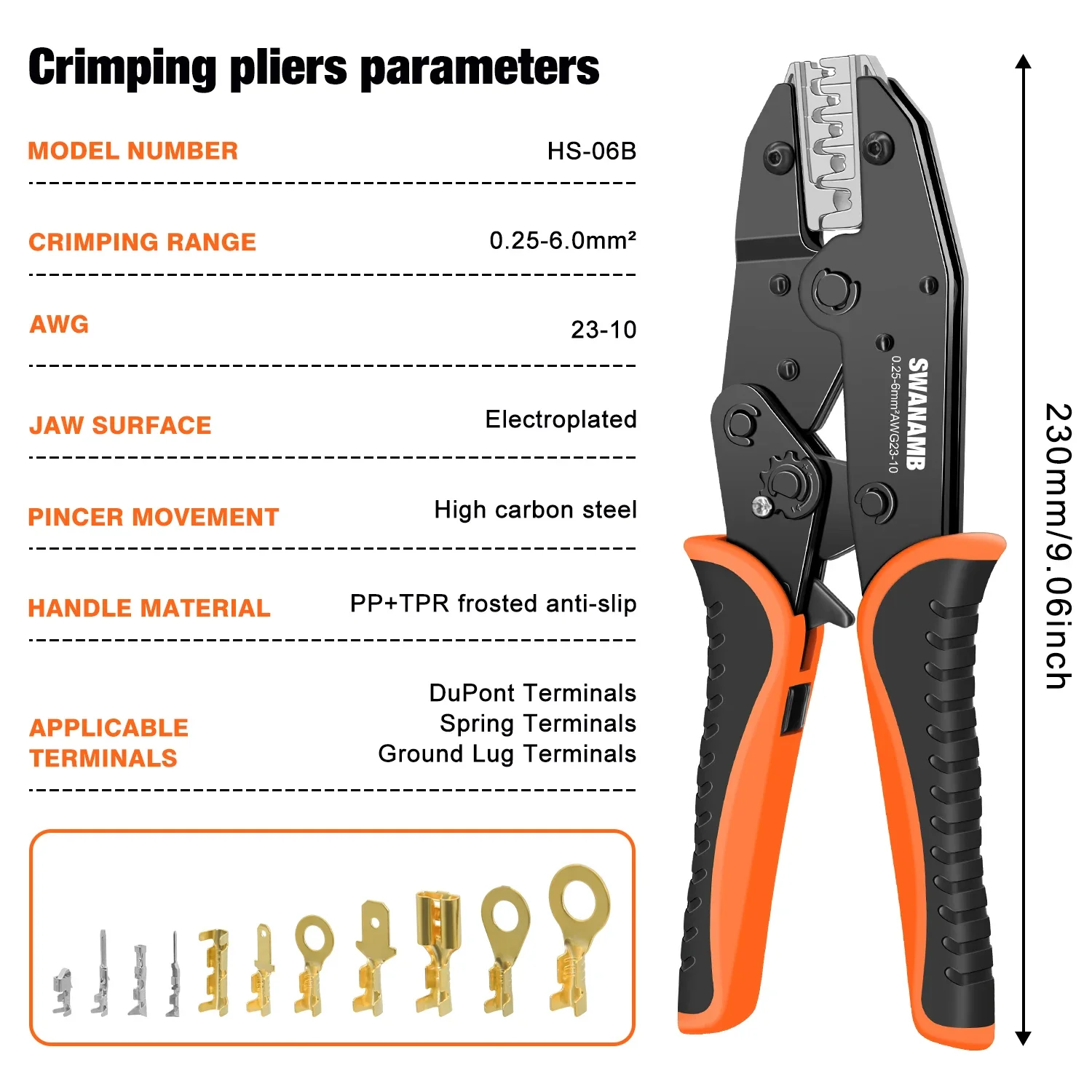 SWANAMB Crimpzange HS-06B für 0,5–6 mm2 XH2,54/2,8/4,8 Flachstecker Crimper für Anschlussklemmen