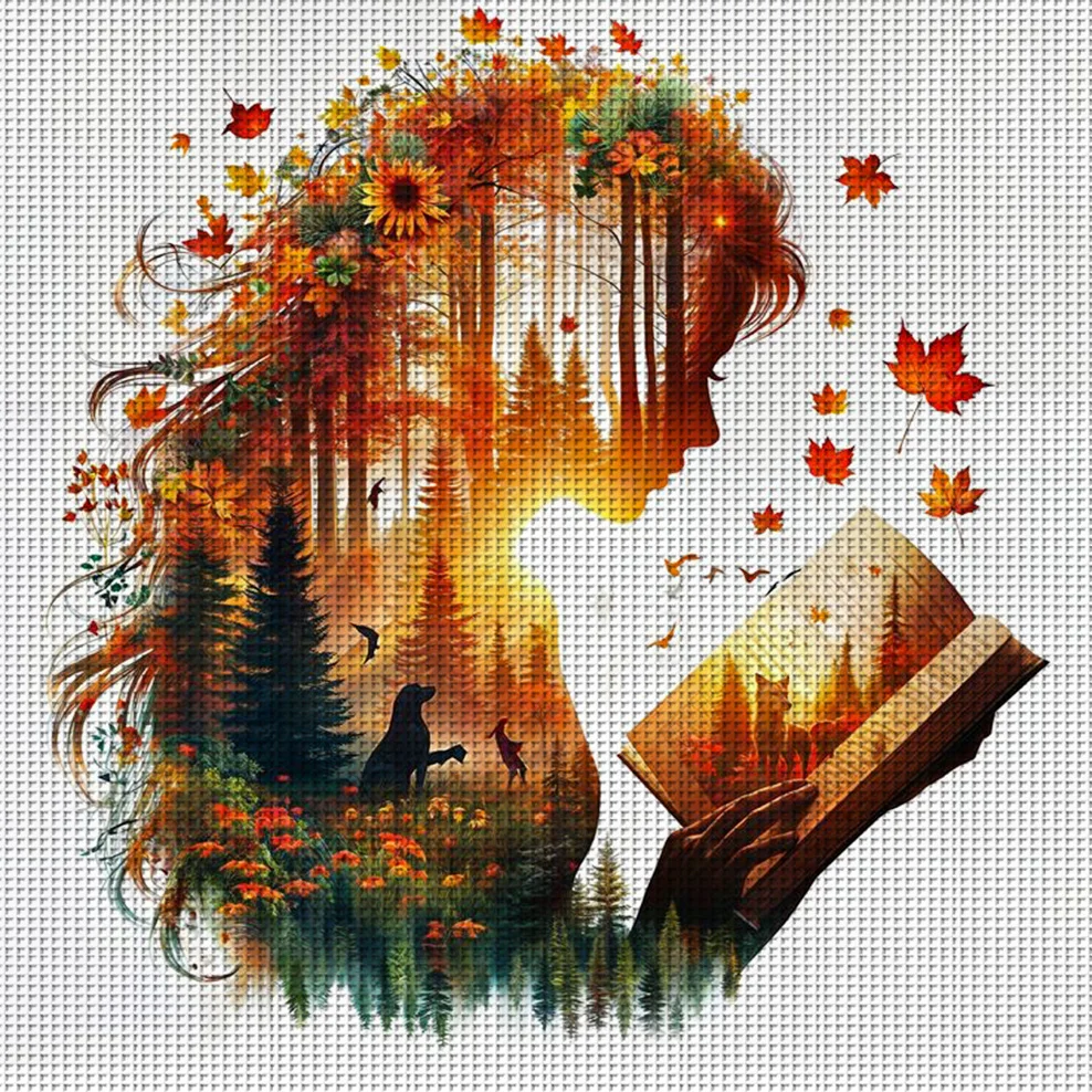 Kit de Punto de Cruz Maple & Book Soul, Bordado DIY 11CT, Decoración de Pared para el Hogar, Regalo Hecho a Mano, Material sin Marco, Semiterminado, 36×36cm