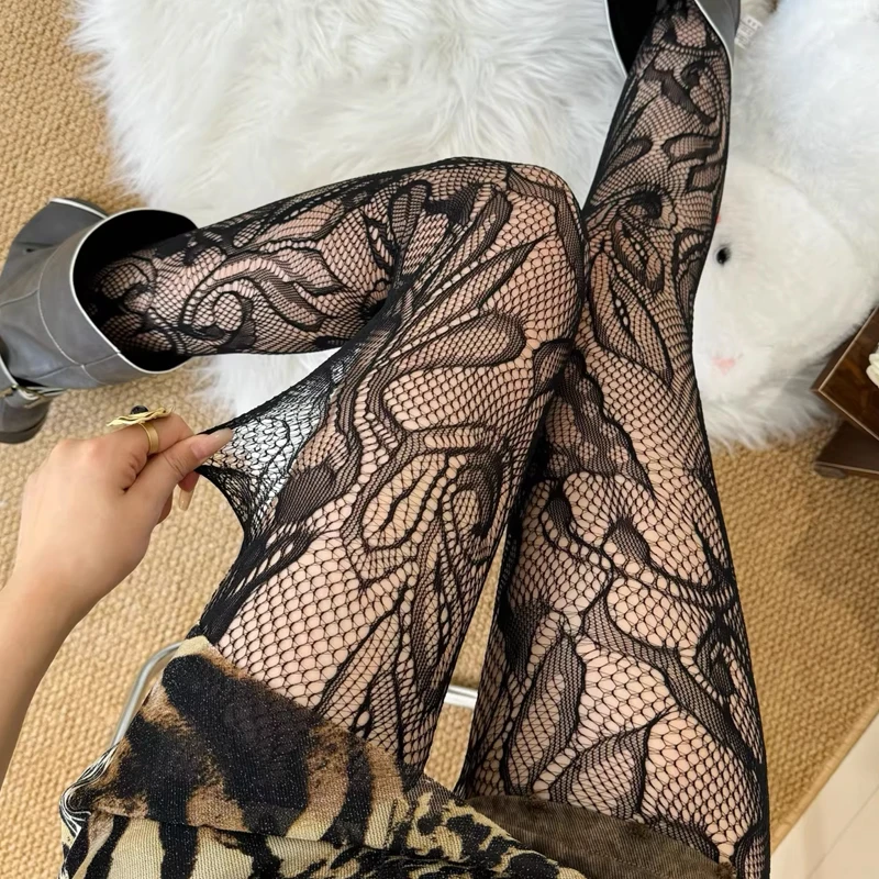2026 Retro Floral Sexy Lace Pantyhose Y2k Millennium Spicy Girl Personality Openwork Jacquard Mesh Stockings Lolita for Women