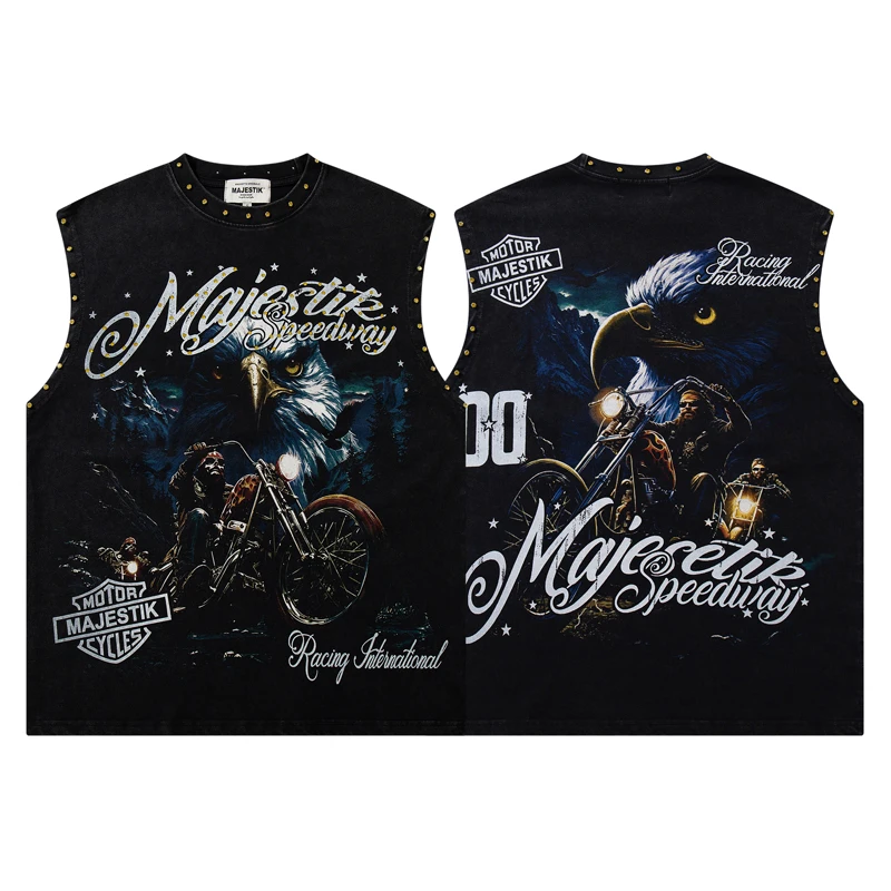 American Hip-hop Style Casual Round Neck Majestik Vest Tops Rivet Decoration Bald Eagle Motorcycle Print Retro T-shirt