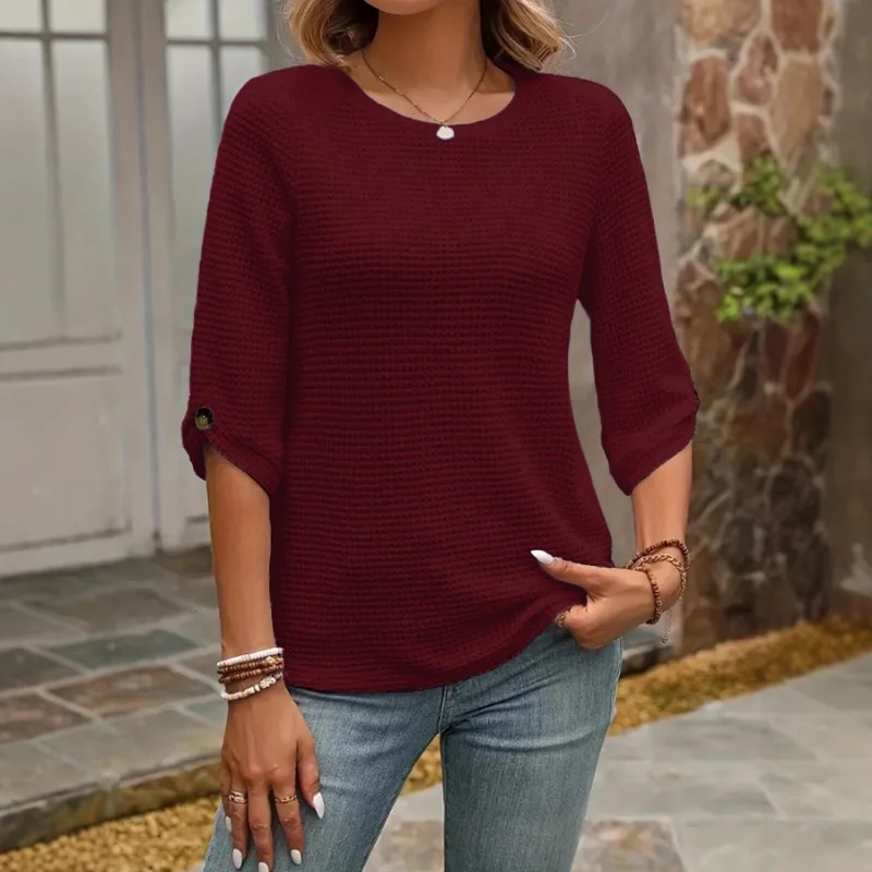 

Women's Waffle Knit 3/4 Sleeve Blouse Loose Fit Round Neck Casual Top