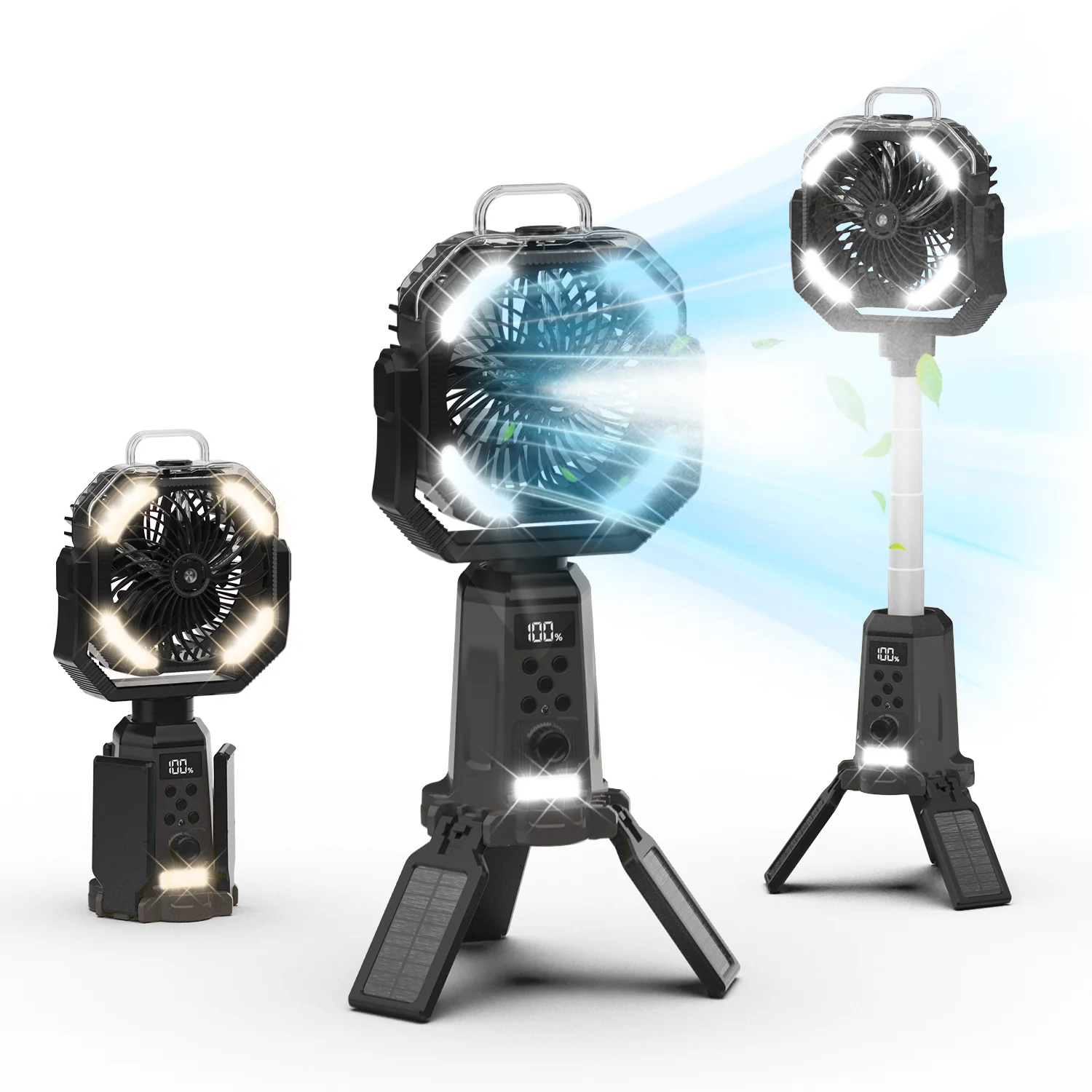 

Camping spray fan, a portable fan with adjustable-height stand, powered by a 20,000mAh rechargeable battery, featuring remote control, LED light, automatic oscillation, and fast charging—ideal as a floor or tabletop fan for tents, RVs, and travel use.