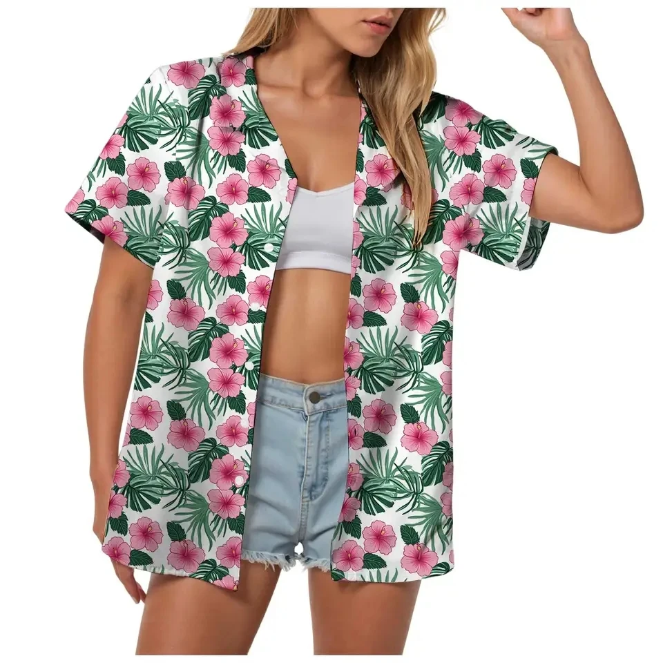 Summer Floral Shirt Tropical Plants Print Shirts Women's Hawaii Short Sleeve Blouse Holiday Seaside Button-Down Shirt Top