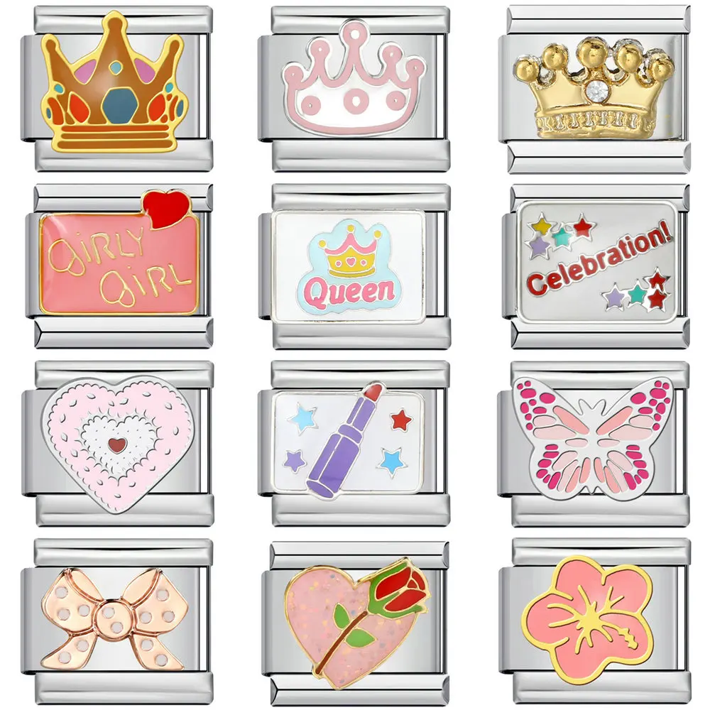 Modischer Charm-Schmuck, rosa Herz, Blume, Schmetterling, italienische Gliederkette, passend für 9 mm, Edelstahl, Geschenk zum Frauentag, Armbandherstellung, DIY – Detail 1
