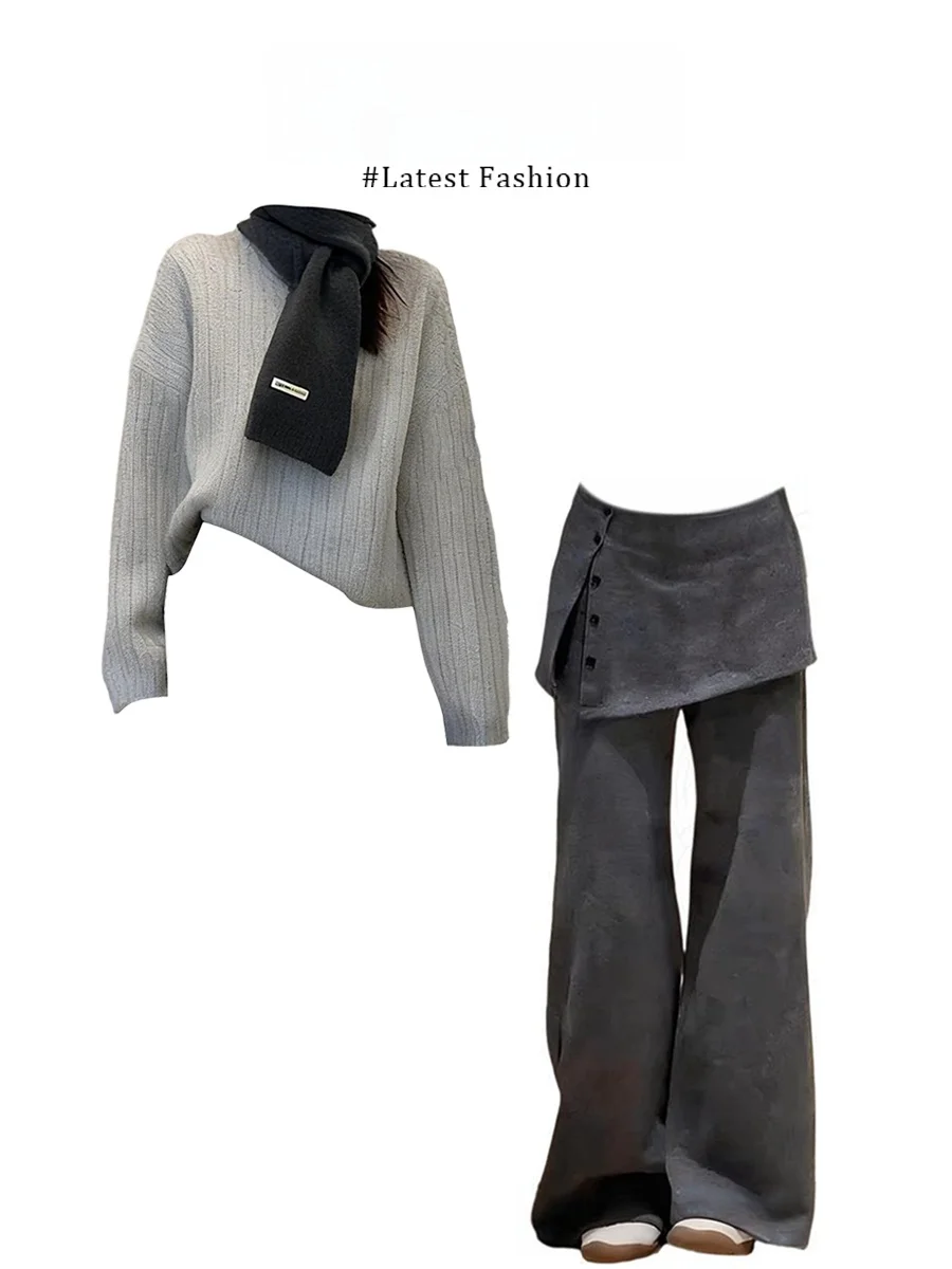 

Серый вязаный комплект: свитер и брюки, женский модный комплект в стиле lazy style, вязаный топ с имитацией двухслойных брюк, осенний наряд в корейском стиле.