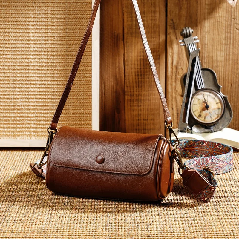 

2025 Leather First Layer Cowhide Cylinder Bag Retro Fashion Personality Foreign Style Shoulder Portable Messenger Bag