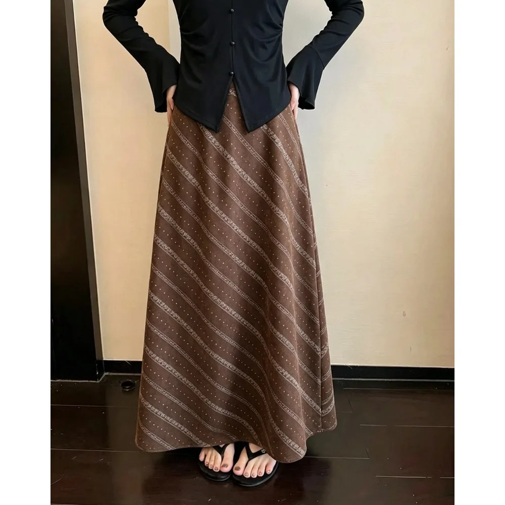 Retro Striped Polka Dot A-Line Suede  Skirt Women's High Waist Slimming Fashionable Long Skirts Autumn New Style