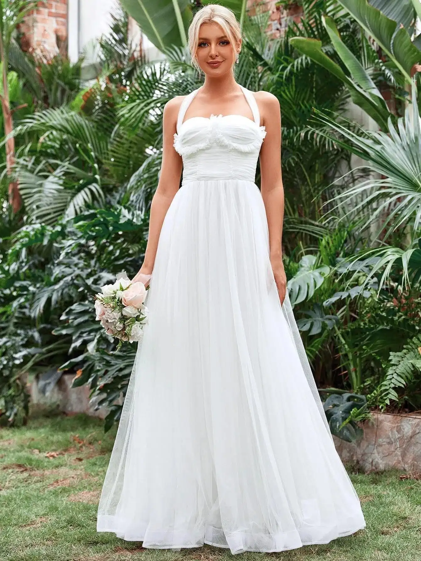 Halter Neck Applique Ruched Bustier Mesh Wedding Dress