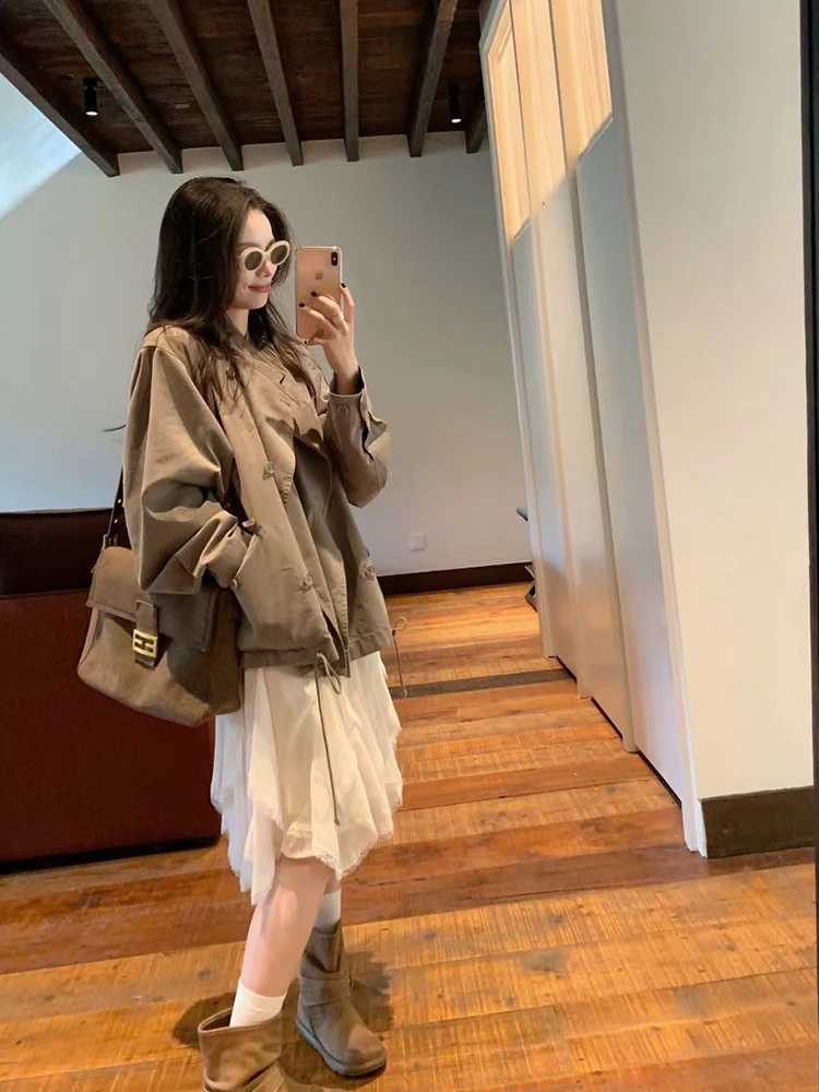 

Женское пальто Ele ort Jaet, осень 2021, корейское повседневное пальто с двойными пуговицами, смесь хлопка, длинное све, чистый цвет