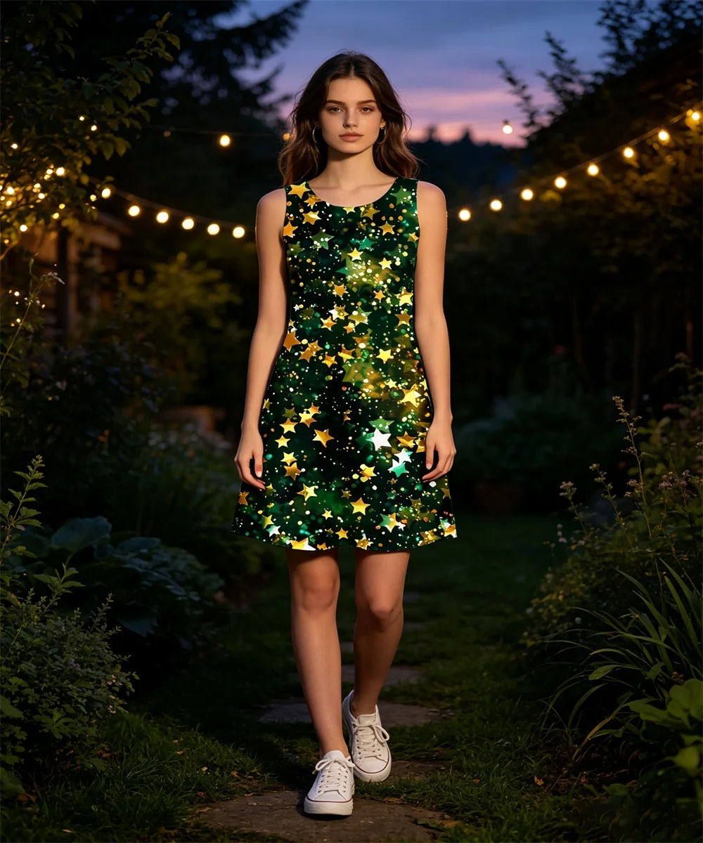 Ladies' summer new gradient deep forest green star printed vest skirt, elegant casual garden collar sleeveless vest skirt