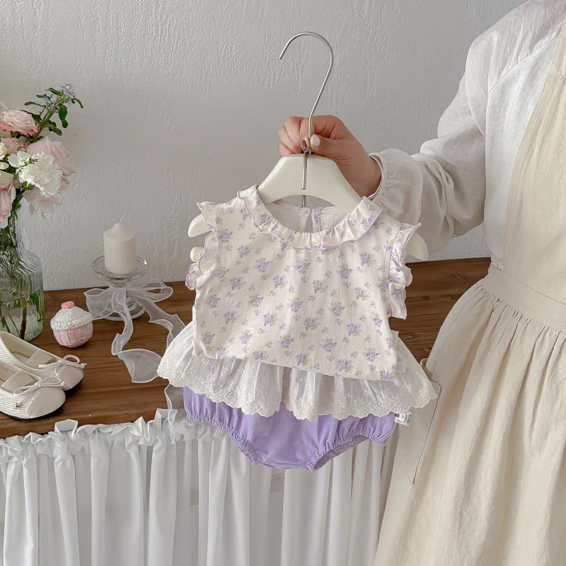 

Детский летний тонкий комплект для девочек: тонкий топ с кружевными рукавами и шорты-треуголки, двухсоставный наряд для малышей