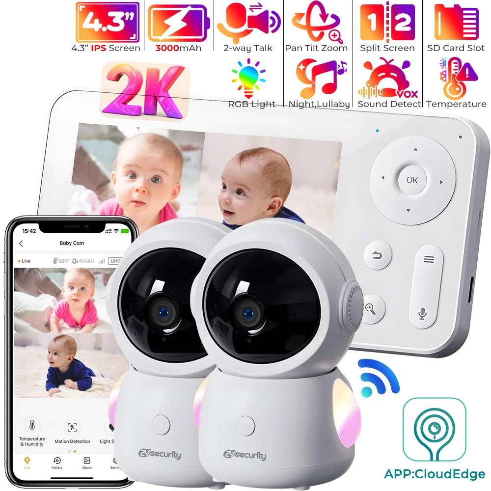 

Split-Screen Baby Monitor with Two WiFi Cameras Baby Phone via App Control 4.3" Color Display 2K UHD Baby Camera Auto Tracking