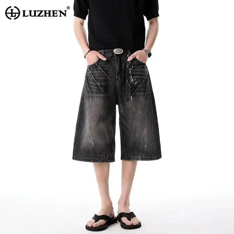 

LUZHEN 2026 Summer Tie-dyed Pattern Denim Cropped Trousers Men's Fashion Original Gradient Washed Straight Jeans Shorts JY7191