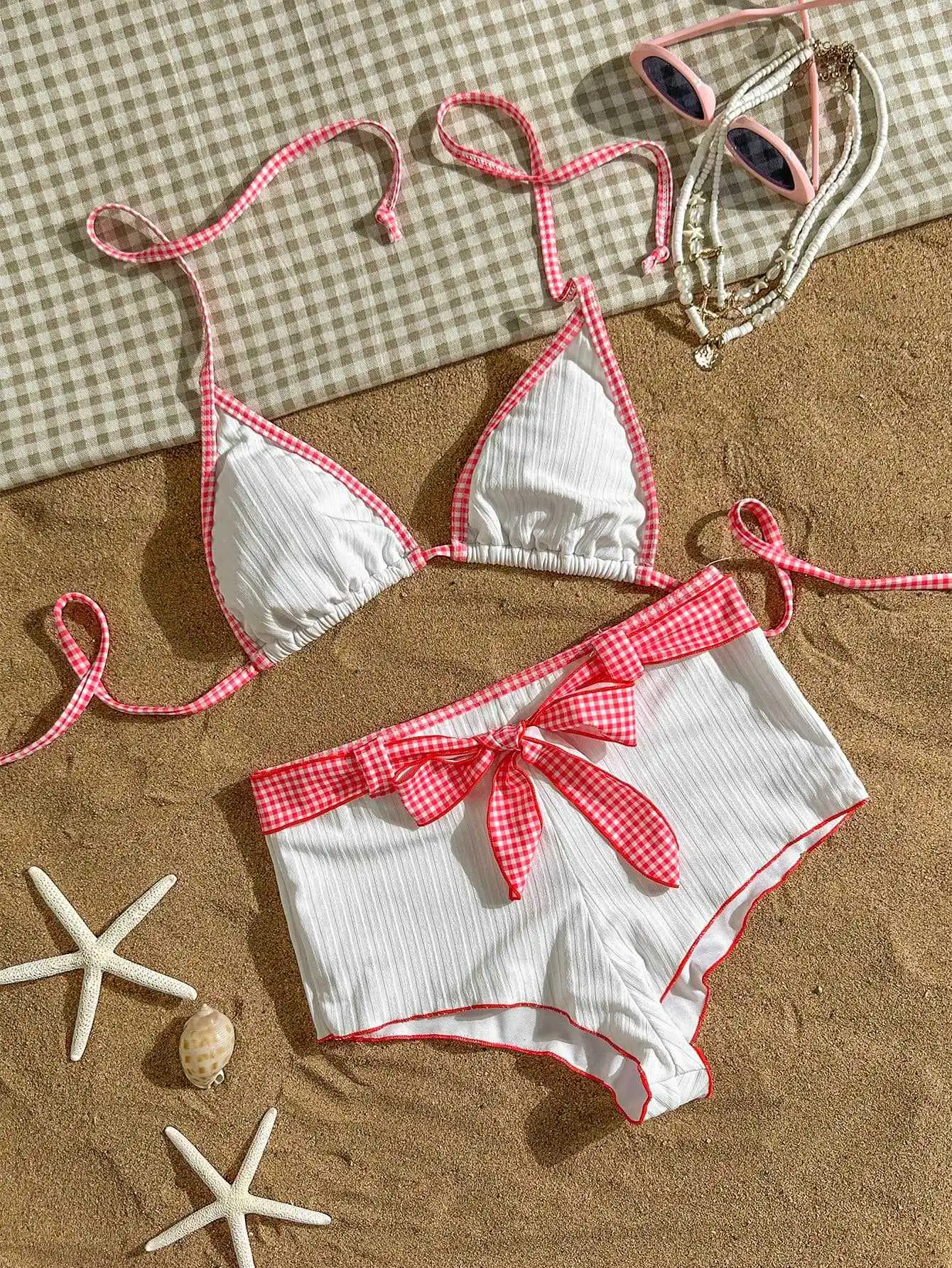 sexy red plaid white ribbed back tie shorts bikinis sets two pieces thong swimsuits bathing suit swimwear biquini tankini