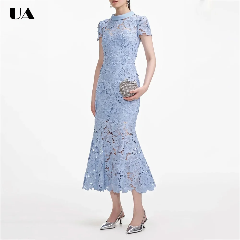

Fashionable Lace Mermaid Half High Neck Midi Dress, Elegant Short Sleeve Long Dress for Woman, Trendy Solid Cutout Party Dress