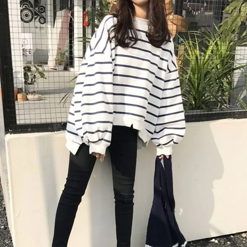 Women\'s Autumn Fashion Office Lady Simplicity Striped O-neck Long Sleeve T-Shirt Women Clothes All-match Casual Loose Tops