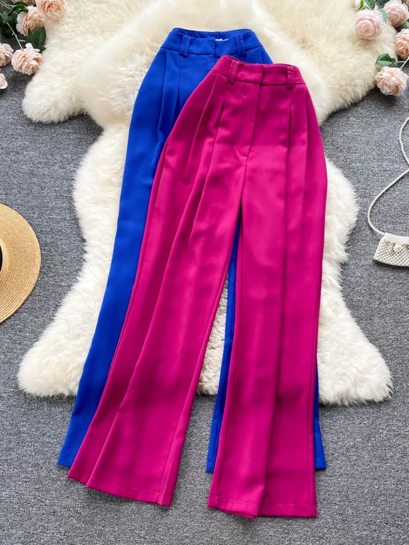 

Korean Fashion Women Flare Pants Solid High Waist Pleated Front Full Lengh Trousers 2024 Summer Casual Female Long Pants