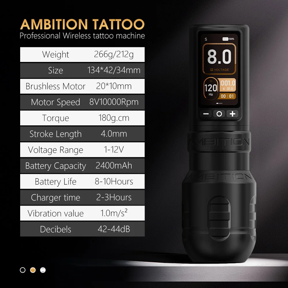 Ambition Torden Max Brushless Motor Straight Rod Stroke 4.0+3.5mm Wireless Tattoo Machine Battery 2400mAh Pen Touch Color Screen
