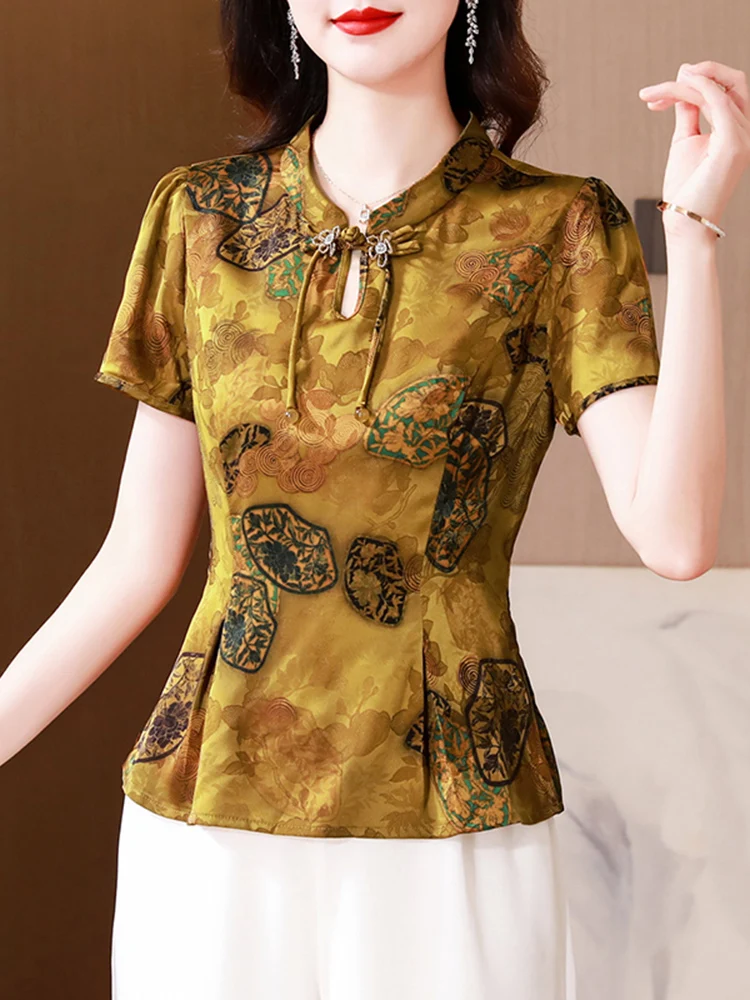 Dames Satijn irt Faionable ort Sve Taille-klinkende Chinese Sle Top Koreaanse versie Loose Fit Gedrukt uitgehold ontwerp