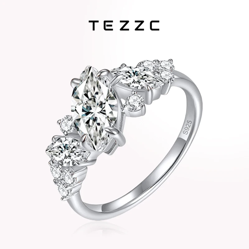 

Tezzc Full Moissanite Rings Marquise Shaped Ring for Women 925 Sterling Silver Engagement Promise Wedding Designer Band