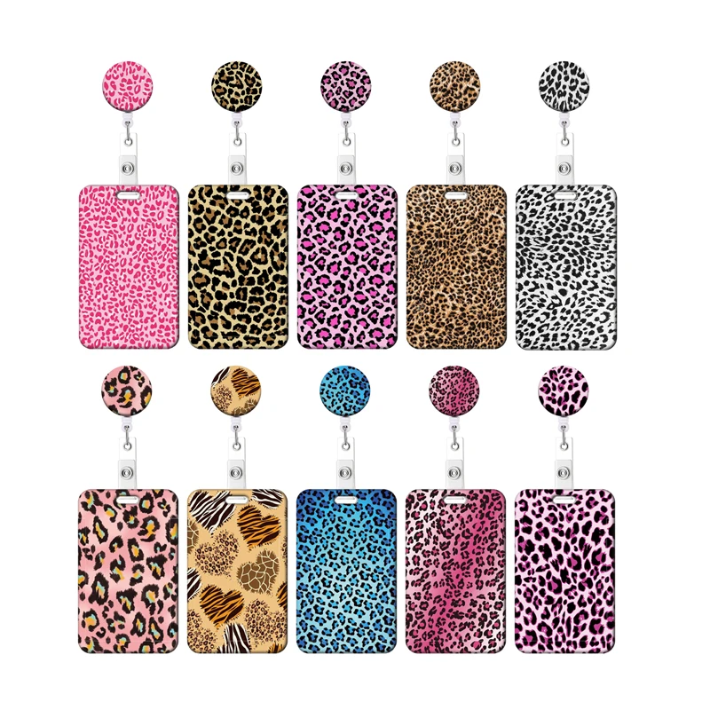 Leopard Print Card Holder Retractable Clip Business ID Badge Card Case Reel Yoyo Employee Cards Cover Workers Hang Certificates