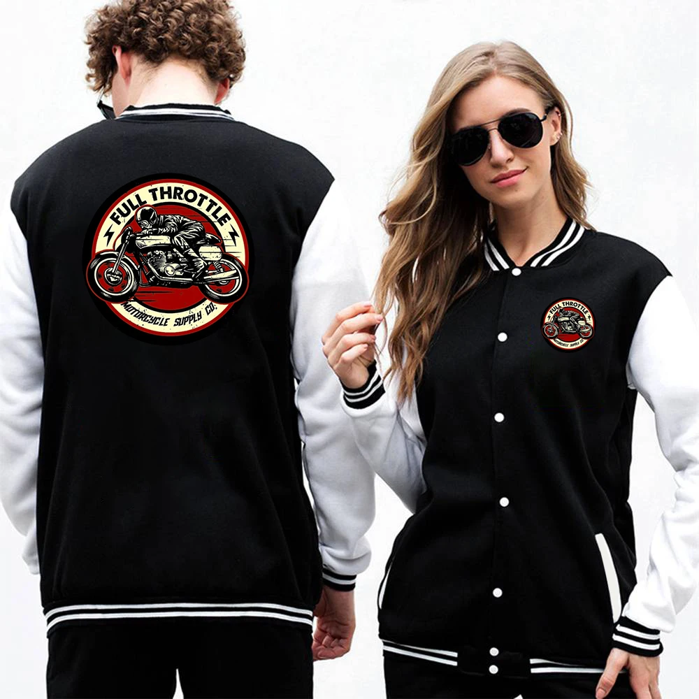 Full Throttle Cafe Racer Rockabilly Biker Baseball Uniform Men Coats Autumn Fleece Warm White Black Bomber Jacket Streetwear