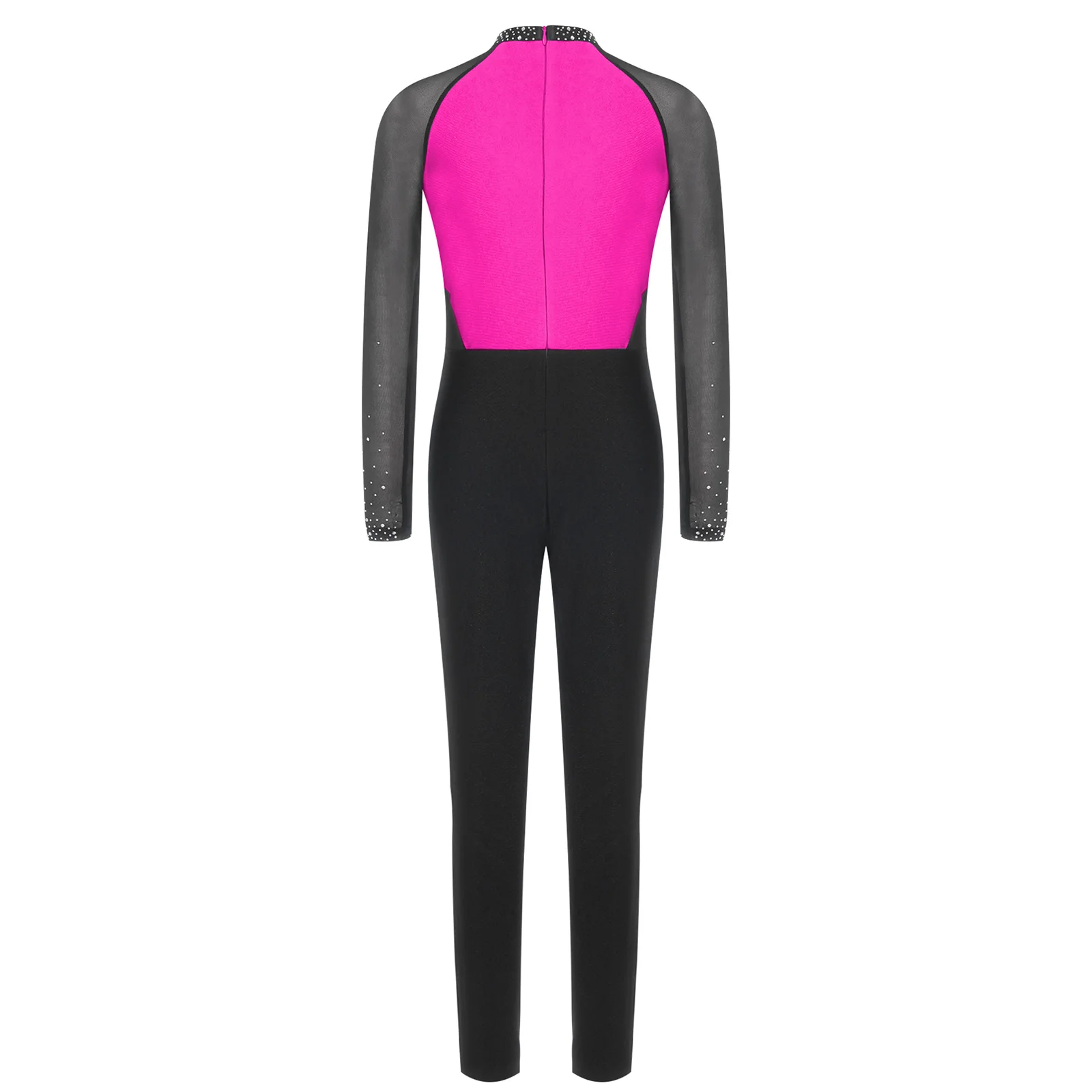 Sparkling Rhinestone Gymnastic Bodysuit for Girls Long Sleeve Mesh Patchwork Color Block Full Body Leotard for Dance Performance