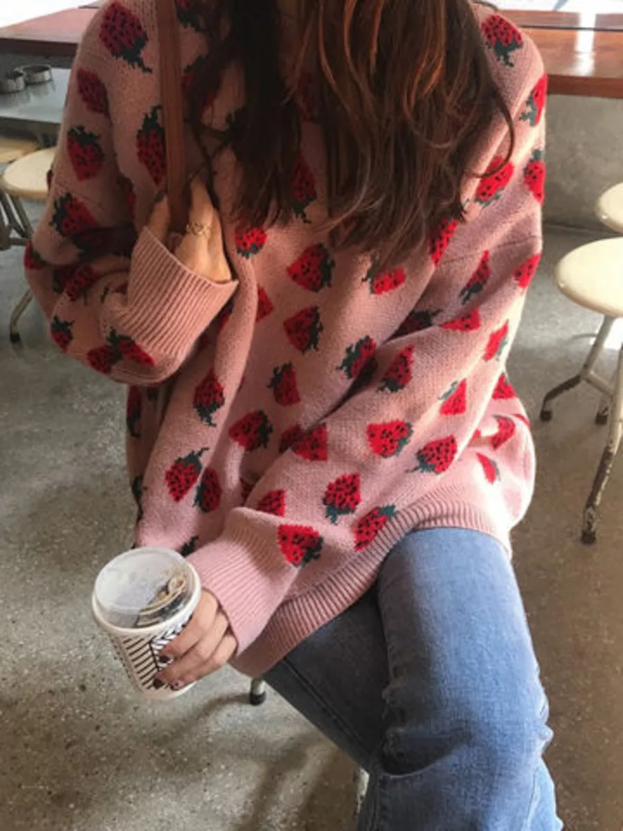 Sweet Strawberry Sweater Pullover Women Loose Round Collar Thick Sweater Female Long Sleeve College Style Student Knittwear Tops