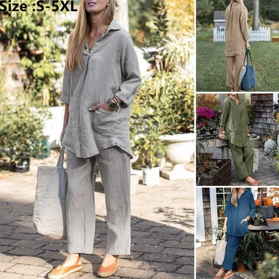 2024 Set di pantaloni casual da donna in 2 pezzi Camicia con bottoni a maniche lunghe tinta unita Camicetta e pantaloni a gamba larga Set di