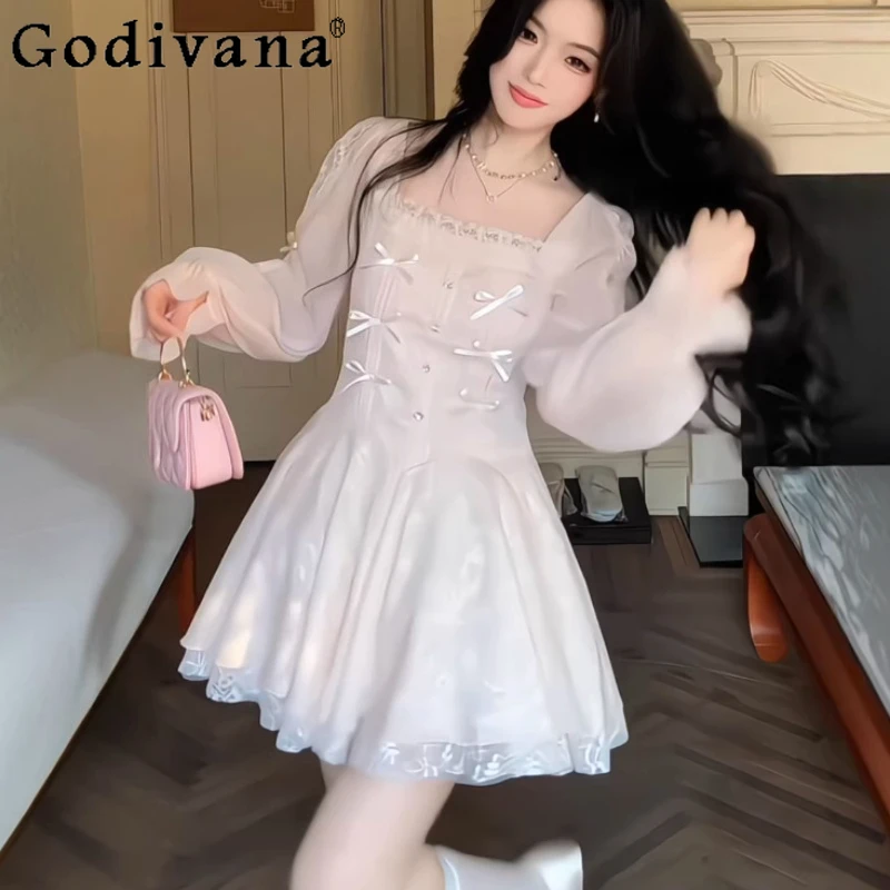 

Large Size Temperament Women Square Collar Sweet Bow Gauze Dress French Korean Spring Elegant Cute Age-reducing Short Dresses