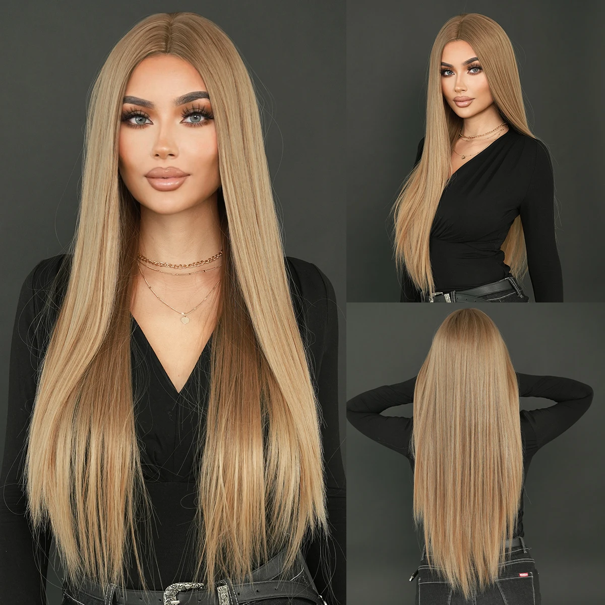 NAMM Long Straight Brown ﻿Wig For Women  Daily Use Party Blone Gradient With Bangs High Density Synthetic Heat Resistant Wigs