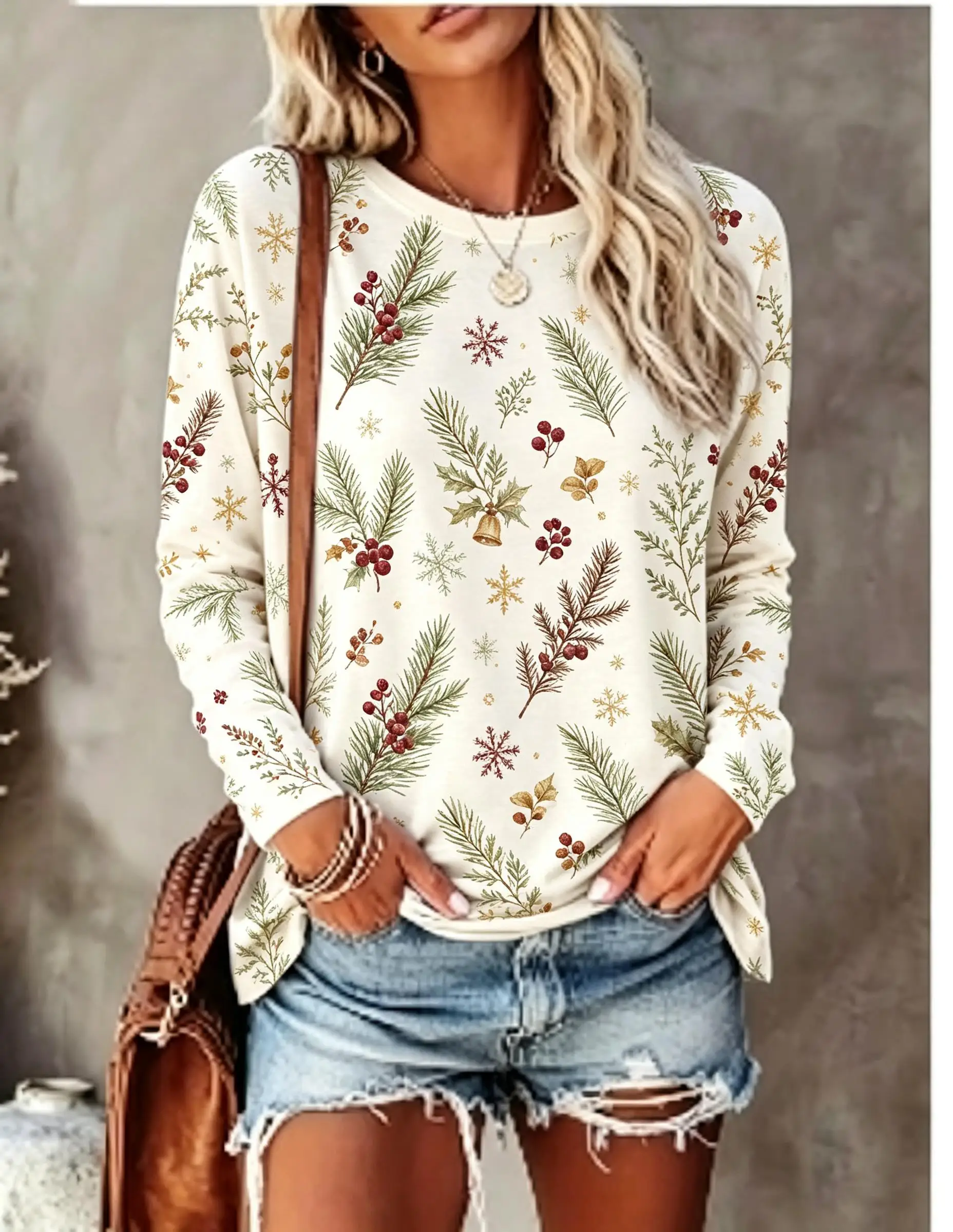 Women Long Sleeve T‑Shirt Christmas Holly Pine Branch Berry Snowflake Bell All Over Print Crew Neck Casual Winter Tops
