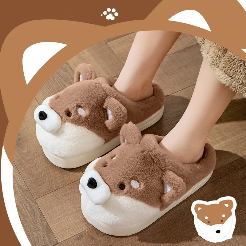 Couple Cotton Winter Keep Warm Shoes for Women Indoor House Men Plush Slippers Shiba Inu Dog Slippers Simple Fluffy Shoes