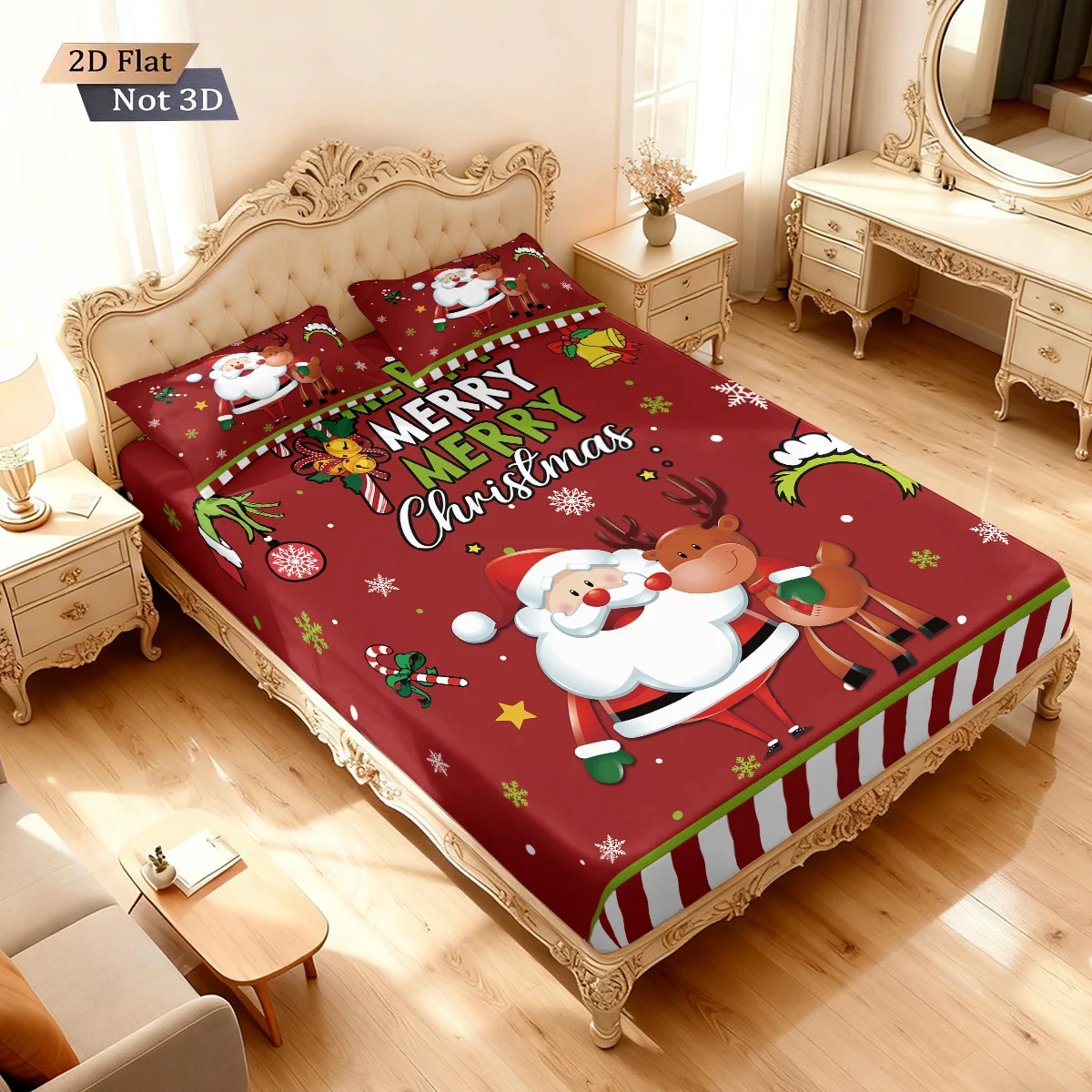 3pcs Merry Christmas Santa Claus Print Bed Sheet Set Multi Size Soft Bedcover Bedroom Bedding Holiday Decoration