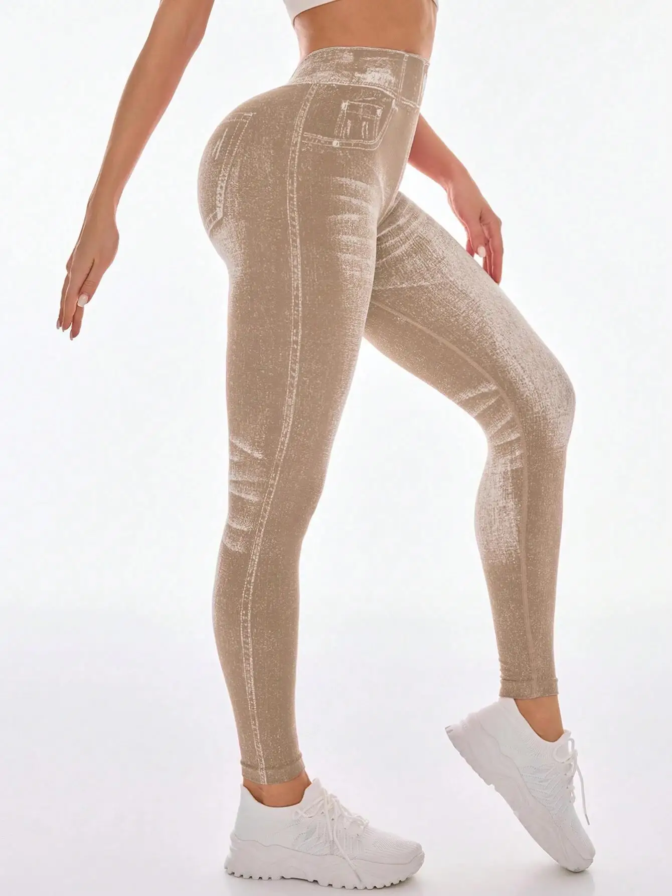 V Back Faux Denim Jeggings for Women Butt Lifting Tummy Control High Waisted Jeans Yoga Pants Scrunch Leggings