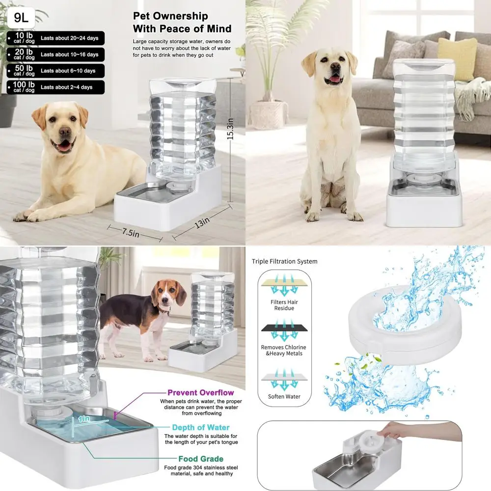 

Automatic Pet Water Dispenser: 9L Gravity-Fed Stainless Steel Bowl - BPA-Free Large Capacity White Feeder for Dogs & Cats - Indo