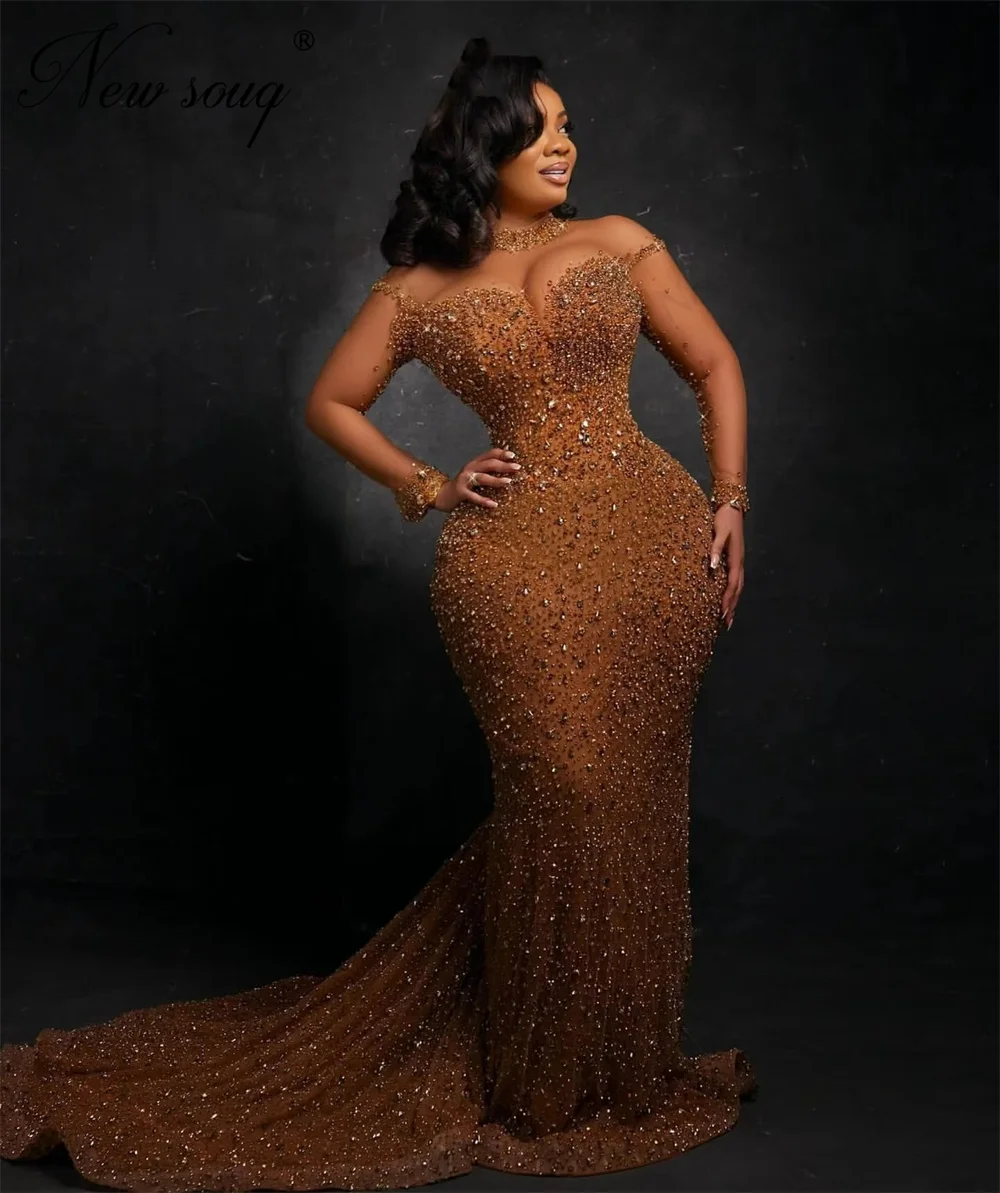 Aso Ebi Brown Mermaid Cocktail Dresses Sheer Neck Beaded Prom Dress African Crystals Evening Dress For Weddings Party Customized