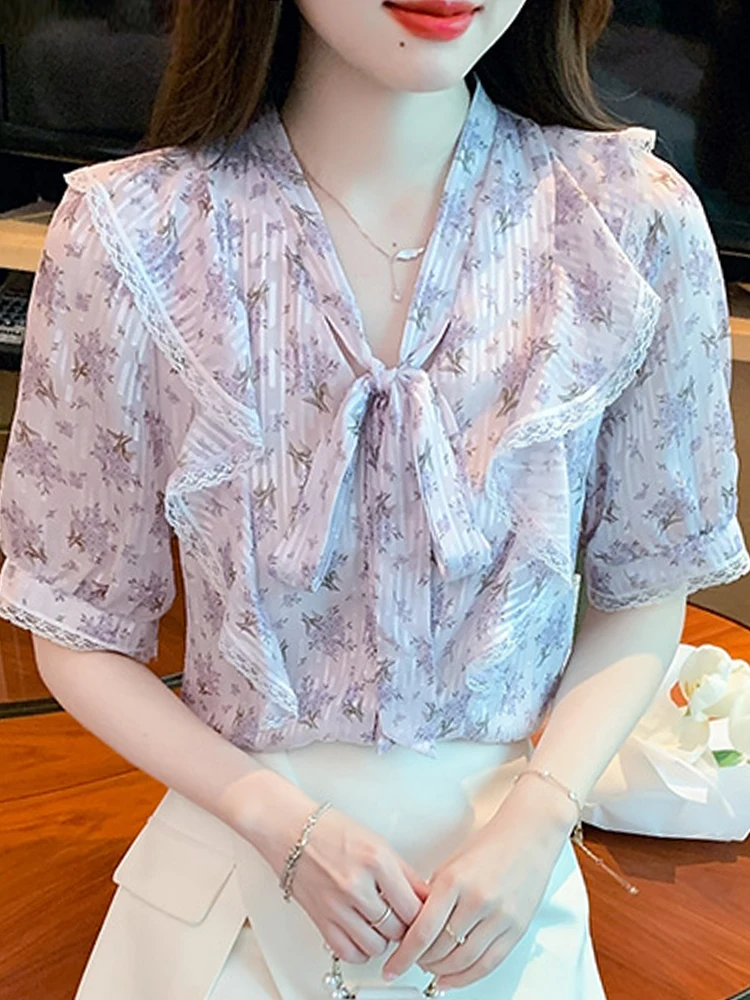 

Summer Ruffles Bow Collar Print Chiffon Blouse Shirt Women Tops Blusas Mujer De Moda 2024 Verano Short Sleeve Blouse Women G676