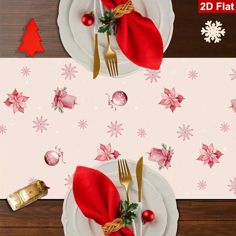 2D Flat Polka Dot Christmas Tree Bell Snowflake Floral Gift Pattern Table Runner Elegant Holiday Decor for Kitchen Fireplace Hom