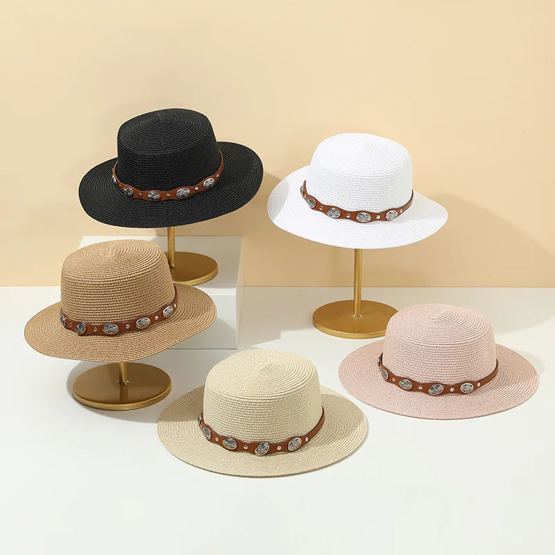 Summer New Rivets Belt Straw Woven Flat-top Cap Casual Retro Sun Hat Holiday Vacation Straw Hat Sun Protection Hat Women