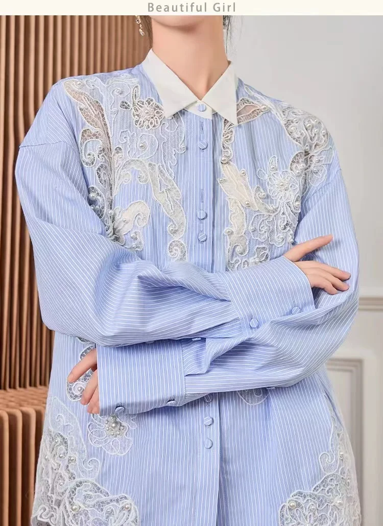 High-end Luxury Style Pearls Beaded Lace Embroidery Blue Stripe Shirts Blouses For Women Tops Woman Clothes