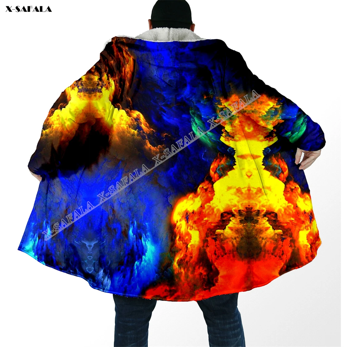 

Colorful Psychedelic Fire Ice 3D Printed Overcoat Hooded Blanket Coat Robe Fleece Loose Men Female Cloak Windproof