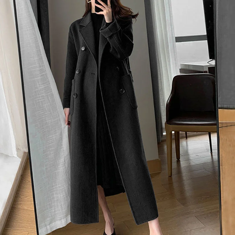 Autumn Winter Women Woolen Cloth Coat Warm Long Length Double Breasted Navy Blue Female Elegant Outerwear Loose Belt Overcoat